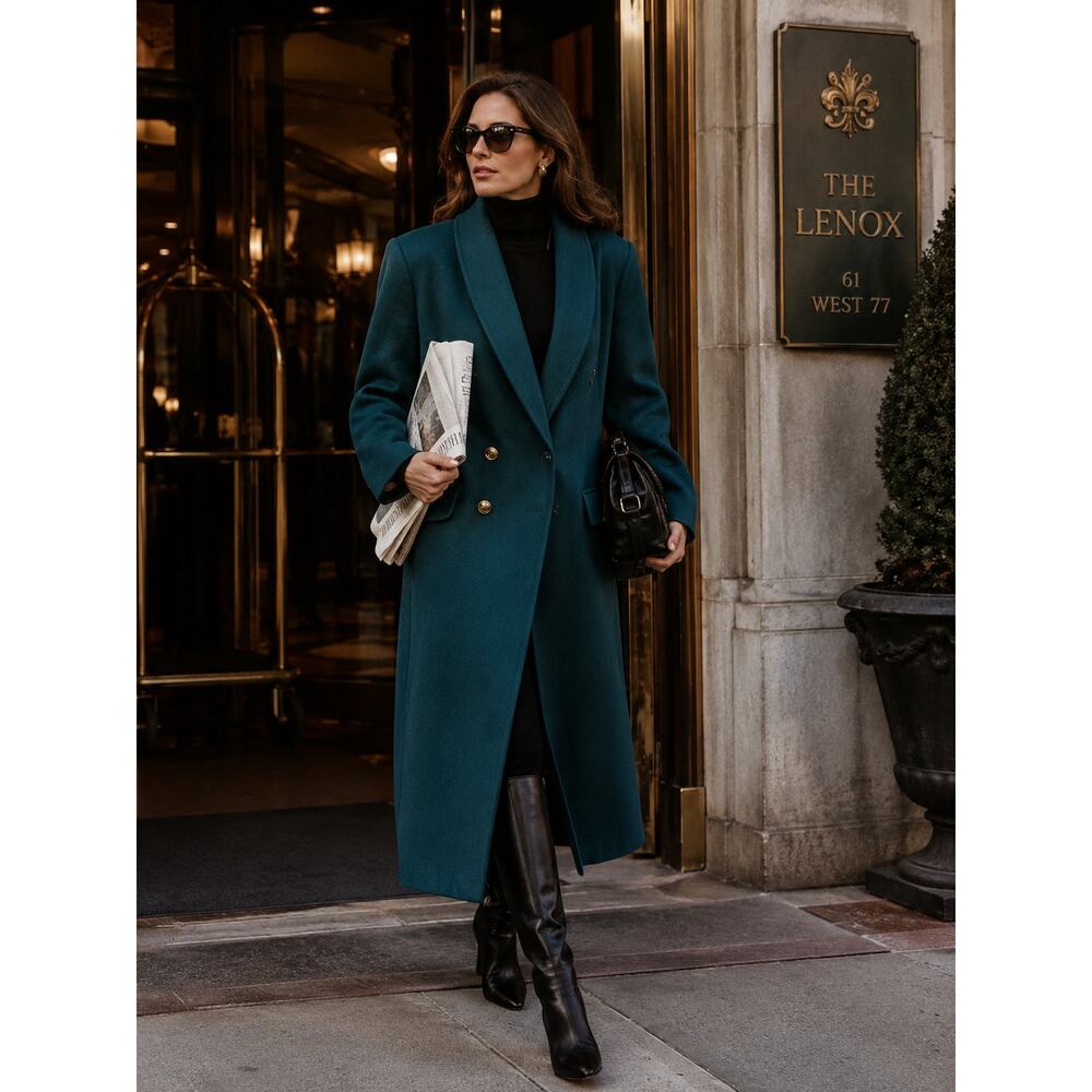 Vintage Teal Long Wool Coat Double Breasted Jewel Tone Power Dressing USA M/L